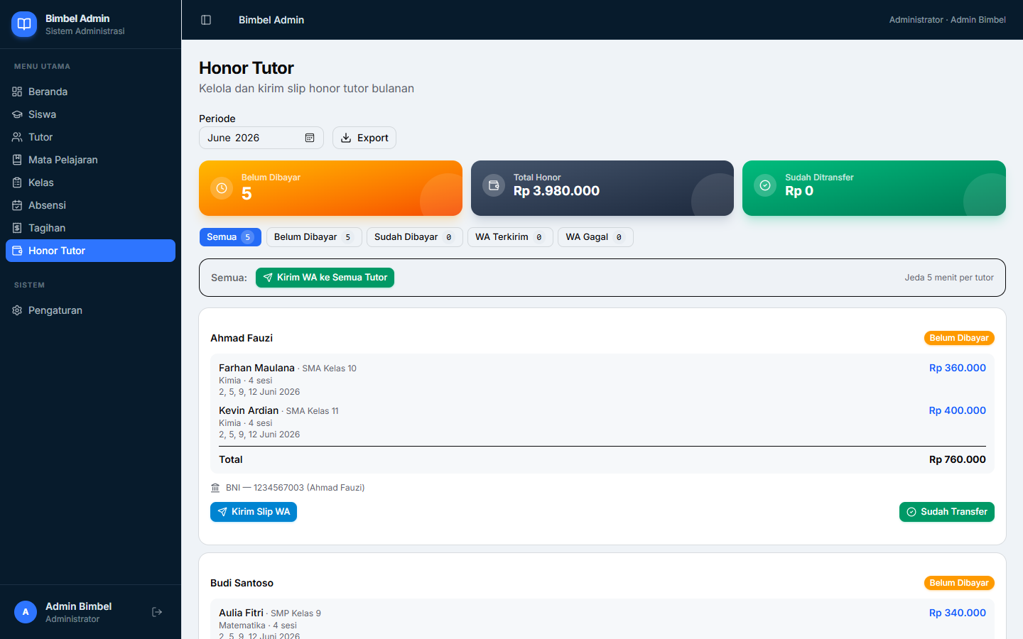Rekap Honor Tutor
